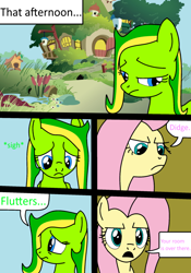Size: 1260x1800 | Tagged: safe, artist:didgereethebrony, character:fluttershy, oc, oc:boomerang beauty, oc:didgeree, comic:a different type of testing, boomeree, comic, explicit series, fluttershy's cottage, male to female, rule 63, trace, transformation, transgender transformation
