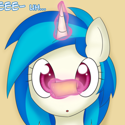 Size: 1280x1280 | Tagged: safe, artist:erthilo, character:dj pon-3, character:vinyl scratch, species:pony, species:unicorn, ask octavia, :o, ask, bust, colored pupils, cross-eyed, cute, eeee, female, looking at something, magic, magic aura, mare, open mouth, paper, portrait, reading, reflection, simple background, solo, text, tumblr, vinylbetes, yellow background