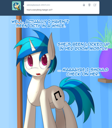 Size: 500x570 | Tagged: safe, artist:erthilo, character:dj pon-3, character:vinyl scratch, species:pony, ask octavia, ask, tumblr