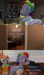 Size: 1280x2160 | Tagged: safe, artist:red4567, character:bow hothoof, character:windy whistles, species:pony, 3d, clothing, comic, garfield, mirror, oops, ponified, shaved, shirt, source filmmaker