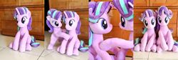 Size: 3064x1024 | Tagged: safe, artist:nekokevin, character:starlight glimmer, species:pony, species:unicorn, cute, duo, female, glimmerbetes, irl, looking at each other, looking at you, mare, photo, plushie, ponidox, raised hoof, self ponidox, sitting, smiling