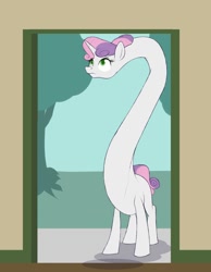 Size: 994x1280 | Tagged: safe, artist:astr0zone, character:sweetie belle, species:pony, species:unicorn, bend over, doorway, female, impossibly long neck, long neck, necc, solo, sweetie giraffe, wat
