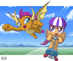 Size: 1000x845 | Tagged: safe, artist:uotapo, character:scootaloo, character:smolder, species:dragon, species:pegasus, species:pony, episode:school daze, g4, my little pony: friendship is magic, cute, cutealoo, duo, female, filly, flying, helmet, looking at you, open mouth, racing, scooter, smiling, smolderbetes