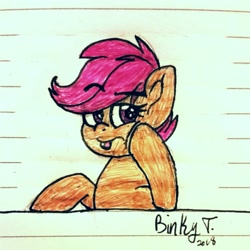 Size: 2117x2117 | Tagged: safe, artist:binkyt11, character:scootaloo, species:pegasus, species:pony, blep, bored, female, filly, lined paper, looking back, pen drawing, silly, solo, tongue out, traditional art