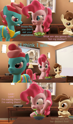 Size: 1920x3240 | Tagged: safe, artist:red4567, character:cup cake, character:pinkie pie, character:pound cake, species:pony, 3d, comic, eating, food, garfield, herbivore, ponified, salad, source filmmaker, tempting fate, vegetables