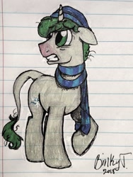 Size: 1904x2538 | Tagged: safe, artist:binkyt11, derpibooru original, oc, oc only, oc:gusty breeze, species:pony, species:unicorn, beanie, clothing, hat, leonine tail, lined paper, male, pen drawing, raised hoof, red nosed, scarf, sick, solo, stallion, traditional art