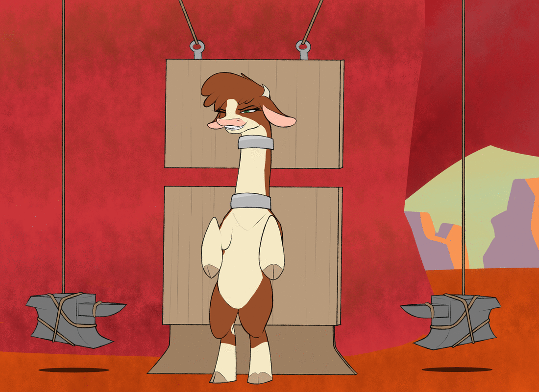 Size: 1100x801 | Tagged: safe, artist:astr0zone, community related, character:arizona cow, species:cow, them's fightin' herds, animated, anvil, female, gif, impossibly long neck, long neck, necc, neck stretching, one eye closed, open mouth, rack, smiling, solo, straps, stretching, stretchy, wat