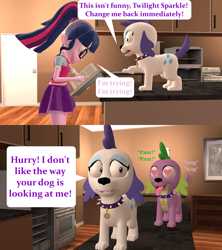 Size: 1920x2160 | Tagged: safe, artist:red4567, character:rarity, character:spike, character:spike (dog), character:twilight sparkle, character:twilight sparkle (scitwi), species:dog, species:eqg human, ship:sparity, my little pony:equestria girls, 3d, book, clothing, collar, comic, dogified, female, glasses, heart eyes, male, ponytail, raridog, shipping, skirt, source filmmaker, species swap, spell gone wrong, spellbook, straight, swiggity swooty, tail wag, transformation, wingding eyes