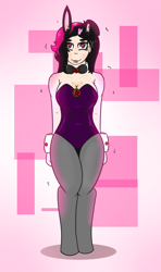 Size: 1000x1690 | Tagged: safe, artist:lazerblues, oc, oc only, oc:hiki, parent:oc:miss eri, satyr, abstract background, blushing, bow tie, bunny ears, bunny suit, clothing, cuffs (clothes), easter, holiday, offspring, pentagram