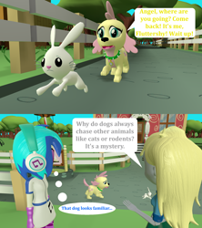 Size: 1920x2160 | Tagged: safe, artist:red4567, character:angel bunny, character:derpy hooves, character:dj pon-3, character:fluttershy, character:vinyl scratch, species:dog, my little pony:equestria girls, 3d, chase, dogified, flutterdog, source filmmaker, species swap, transformation