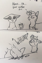 Size: 1280x1920 | Tagged: safe, artist:greyscaleart, oc, oc only, oc:tim, species:pony, blep, coffee, comic, dilated pupils, silly, tongue out, traditional art