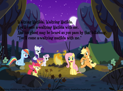 Size: 1024x758 | Tagged: safe, artist:didgereethebrony, character:apple bloom, character:applejack, character:fluttershy, character:rainbow dash, character:rarity, character:scootaloo, character:sweetie belle, species:pegasus, species:pony, comic:waltzing matilda, banjo, banjo patterson, campfire, comic, guitar, moon, musical instrument, singing, tent, waltzing matilda