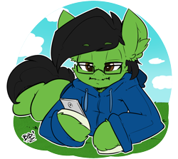 Size: 1150x1026 | Tagged: safe, artist:b-cacto, artist:bbsartboutique, edit, oc, oc:cactus needles, beard, cellphone, clothing, facial hair, glasses, grass, hoodie, moustache, phone, sweater