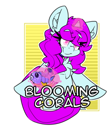 Size: 2100x2400 | Tagged: safe, artist:bbsartboutique, oc, oc:blooming corals, species:pony, species:unicorn, badge, bipedal, blind, con badge, fish, magic, simple background, smiling, solo, transparent background