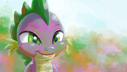 Size: 1920x1080 | Tagged: safe, artist:kp-shadowsquirrel, character:spike, species:dragon, baby, baby dragon, bust, cute, cute little fangs, fangs, green eyes, male, multicolored background, portrait, signature, smiling, solo, spikabetes