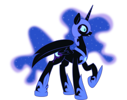 Size: 4207x3300 | Tagged: safe, artist:kopcap94, artist:kp-shadowsquirrel, edit, character:nightmare moon, character:princess luna, species:alicorn, species:pony, color edit, colored, cutie mark, ethereal mane, female, galaxy mane, helmet, horn, jewelry, mare, regalia, simple background, solo, spread wings, transparent background, vector, vector edit, wings, worried