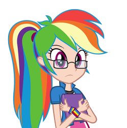 Size: 1308x1313 | Tagged: safe, artist:zacatron94, edit, editor:michaelsety, character:rainbow dash, species:human, my little pony:equestria girls, adorkable, book, cute, dashabetes, dork, egghead, female, glasses, holding, human coloration, looking at you, nerd, ponytail, rainbow dork, simple background, solo, transparent background