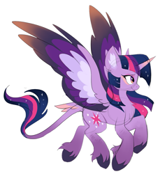Size: 911x994 | Tagged: safe, artist:hioshiru, character:twilight sparkle, character:twilight sparkle (alicorn), species:alicorn, species:pony, alternate design, chest fluff, colored hooves, colored wings, ear fluff, female, flying, gradient hooves, gradient horn, leonine tail, looking forward, mare, multicolored wings, redesign, side view, simple background, smiling, solo, spread wings, tail feathers, unshorn fetlocks, white background, wings