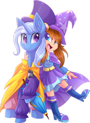 Size: 900x1234 | Tagged: safe, artist:scarlet-spectrum, character:trixie, species:human, species:pony, species:unicorn, a hat in time, boots, cape, clothes swap, clothing, cute, diatrixes, equestria girls outfit, female, hat, hat kid, mare, shoes, simple background, transparent background, trixie's cape, trixie's hat, umbrella, video game, watermark