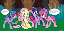 Size: 4744x2290 | Tagged: safe, artist:chub-wub, character:fluttershy, character:pinkie pie, character:twilight sparkle, character:twilight sparkle (alicorn), species:alicorn, species:earth pony, species:kelpie, species:pegasus, species:pony, bath toy, blank flank, bramble (duck tales), briar (duck tales), crossover, duck tales, duck tales 2017, female, floppy ears, forest, one eye closed, ponified, quintet, rubber duck, simple background, voice actor joke