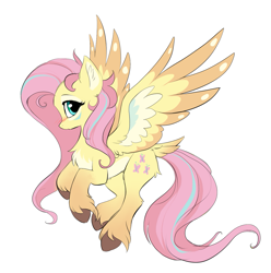 Size: 1197x1205 | Tagged: safe, artist:hioshiru, character:fluttershy, species:pegasus, species:pony, alternate design, blushing, chest fluff, colored hooves, colored wings, colored wingtips, cute, ear fluff, female, flying, gradient hooves, leg fluff, looking at you, mare, multicolored hair, multicolored wings, profile, redesign, shyabetes, simple background, solo, spread wings, tail feathers, unshorn fetlocks, white background, wings