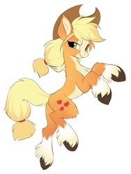Size: 1105x1470 | Tagged: safe, artist:hioshiru, character:applejack, species:earth pony, species:pony, alternate design, blaze (coat marking), chest fluff, clothing, colored hooves, cowboy hat, ear fluff, female, freckles, hairband, hat, leg fluff, looking at you, mare, redesign, side view, simple background, socks (coat marking), solo, tail band, unshorn fetlocks, white background