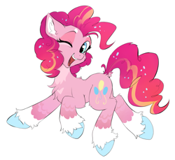Size: 1253x1149 | Tagged: safe, artist:hioshiru, character:pinkie pie, species:earth pony, species:pony, alternate design, cheek fluff, chest fluff, coat markings, colored hooves, ear fluff, female, happy, leg fluff, looking at you, mare, multicolored hair, one eye closed, open mouth, redesign, side view, simple background, smiling, socks (coat marking), solo, unshorn fetlocks, white background