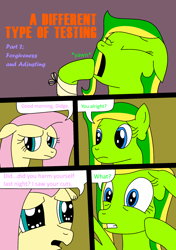 Size: 1750x2485 | Tagged: safe, artist:didgereethebrony, character:fluttershy, oc, oc:boomerang beauty, oc:didgeree, comic:a different type of testing, bandage, boomeree, explicit series, yawn