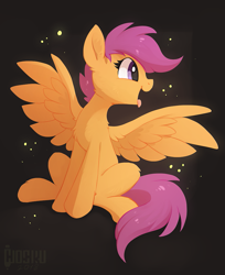 Size: 831x1016 | Tagged: safe, artist:hioshiru, character:scootaloo, species:pegasus, species:pony, cheek fluff, chest fluff, cute, cutealoo, ear fluff, female, filly, fluffy, gray background, leg fluff, looking sideways, older, older scootaloo, open mouth, profile, simple background, sitting, solo, spread wings, teenage scootaloo, teenager, tongue out, wing fluff, wings