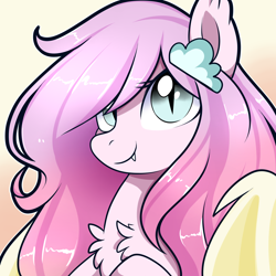 Size: 2000x2000 | Tagged: safe, artist:xwhitedreamsx, oc, oc only, oc:summer night, species:bat pony, species:pony, bat pony oc, bat wings, bust, chest fluff, colored wings, cute, cute little fangs, ear fluff, fangs, female, gradient background, hair over one eye, hairpin, looking at you, mare, portrait, slit eyes, smiling, solo, spread wings, wings