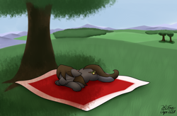 Size: 3100x2034 | Tagged: safe, artist:the-furry-railfan, oc, oc only, oc:rockall, species:earth pony, species:pony, blanket, forest, grass field, mountain, mountain range, nap, scenery, shading, this will end in balloons, tree