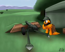 Size: 3239x2605 | Tagged: safe, artist:the-furry-railfan, oc, oc only, oc:twintails, species:pegasus, species:pony, artillery, binoculars, box, brodie helmet, cannon, forest, grass field, gun, helmet, howitzer, mountain, mountain range, story included, tent, this will end in balloons, this will end in explosions, tree, weapon