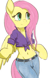 Size: 693x1067 | Tagged: safe, artist:grissaecrim, character:fluttershy, spoiler:comic64, arm hooves, belly button, belt, bipedal, clothing, curvy, cute, female, front knot midriff, hourglass figure, jeans, looking away, midriff, pants, semi-anthro, shyabetes, simple background, solo, traditional art, white background, wings
