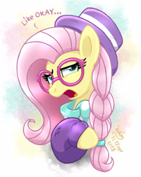 Size: 1000x1250 | Tagged: safe, artist:joakaha, character:fluttershy, episode:fake it 'til you make it, clothing, dialogue, female, glasses, gradient background, hipster, hipstershy, open mouth, scarf, signature, solo