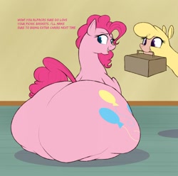 Size: 1280x1269 | Tagged: safe, artist:astr0zone, community related, character:paprika paca, character:pinkie pie, species:alpaca, species:earth pony, species:pony, them's fightin' herds, duo, fat, huge butt, impossibly large butt, large butt, long neck, looking back, mouth hold, picnic blanket, pudgy pie, sitting, the ass was fat, wide hips