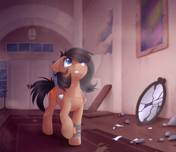 Size: 1024x887 | Tagged: safe, artist:scarlet-spectrum, oc, oc only, oc:quillwright, species:pegasus, species:pony, fallout equestria, amputee, bandage, fallout equestria: of shadows, fanfic art, female, mirror, missing limb, missing wing, pipbuck, scar, solo, stump, watermark