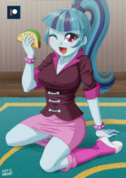 Size: 707x1000 | Tagged: safe, artist:uotapo, character:sonata dusk, equestria girls:rainbow rocks, g4, my little pony: equestria girls, my little pony:equestria girls, blushing, boots, bracelet, breasts, busty sonata dusk, carpet, clothing, cute, female, food, jewelry, kneeling, looking at you, moe, one eye closed, open mouth, patreon, patreon logo, ponytail, shoes, skirt, smiling, socks, solo, sonatabetes, sonataco, spiked wristband, taco, that girl sure loves tacos, thighs, uotapo is trying to murder us, wink, wristband