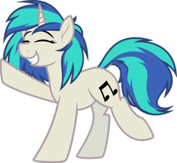 Size: 1200x1109 | Tagged: safe, artist:binkyt11, artist:the smiling pony, derpibooru original, character:dj pon-3, character:vinyl scratch, species:pony, species:unicorn, .svg available, balancing, cutie mark, dock, eyes closed, female, grin, happy, hooves, horn, inkscape, mare, simple background, smiling, solo, svg, transparent background, vector