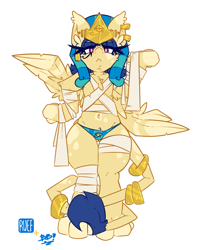 Size: 1280x1571 | Tagged: safe, artist:bbsartboutique, artist:ruef, oc, oc only, oc:shesta, species:anthro, species:sphinx, anubis, bandage, bangs, belly button, blue underwear, cat paws, ceremonial makeup, chest fluff, clothing, digital art, ear piercing, earring, egyptian, egyptian pony, egyptian pose, eye of horus, female, gazing, gold, hat, hybrid, jewelry, leonine tail, mummy, nemes headdress, panties, paws, pegasus wings, piercing, ring, signature, simple background, solo, sphinx oc, sphinx pony, spots, spread wings, striped underwear, toe beans, underwear, watching, white background, wings
