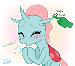 Size: 675x588 | Tagged: safe, artist:uotapo, character:ocellus, species:changeling, species:human, species:reformed changeling, blushing, cute, cuteling, diaocelles, female, hand, simple background, sneezing