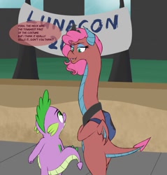 Size: 1225x1280 | Tagged: safe, artist:astr0zone, character:mina, character:spike, species:dragon, city, clothing, convention, cosplay, costume, dialogue, duo, impossibly long neck, long neck, lunacon, male, necc, sidewalk