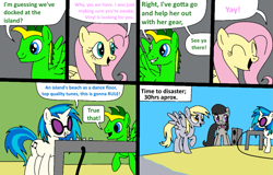 Size: 1003x642 | Tagged: safe, artist:didgereethebrony, character:derpy hooves, character:dj pon-3, character:fluttershy, character:octavia melody, character:vinyl scratch, oc, oc:didgeree, comic:wreck of the renaissance, beach, island, semi-grimdark series, speaker, yay