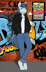 Size: 2162x3405 | Tagged: safe, artist:xwhitedreamsx, oc, oc only, species:anthro, species:earth pony, species:pony, species:unguligrade anthro, advertisement, clothing, cologne, graffiti, hands in pockets, handsome, jacket, leather jacket, male, pants, poster, sunglasses