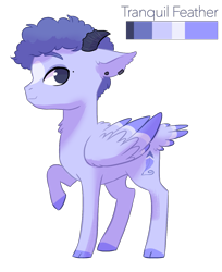 Size: 1203x1477 | Tagged: safe, artist:kianamai, oc, oc only, oc:tranquil feather, ponysona, species:goat, species:pegasus, species:pony, blaze (coat marking), cloven hooves, digital art, ear piercing, earring, goat pony, horns, hybrid, jewelry, mole, piercing, raised hoof, reference sheet, simple background, solo, tail feathers, transparent background, wings