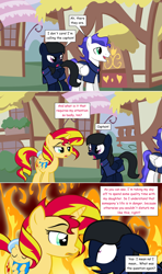 Size: 1280x2168 | Tagged: safe, artist:hakunohamikage, character:sunset shimmer, oc, oc:azure eve, oc:cylestea, oc:silent kosmos, parent:sunset shimmer, parent:trixie, parents:suntrix, species:pegasus, species:pony, ask-princesssparkle, armor, ask, baby, baby pony, dusk guard, female, fiery shimmer, fire, magical lesbian spawn, male, mare, offspring, stallion, tumblr