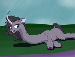Size: 1280x978 | Tagged: safe, artist:astr0zone, community related, character:oleander, species:pony, species:unicorn, them's fightin' herds, female, impossibly long neck, long neck, lying down, necc, on side, solo, tall, unshorn fetlocks