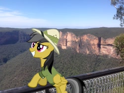 Size: 1024x765 | Tagged: safe, artist:didgereethebrony, character:daring do, species:pony, australia, blue mountains, cliff, cliffs, fence, irl, lookout, mlp in australia, photo, ponies in real life, railing, solo, valley
