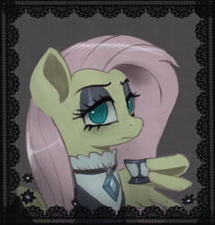 Size: 502x525 | Tagged: safe, artist:grissaecrim, character:fluttershy, species:pegasus, species:pony, episode:fake it 'til you make it, clothing, cup, eyeshadow, female, fluttergoth, looking at you, makeup, mare, solo, teacup, wing hands, wings