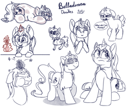 Size: 1200x1005 | Tagged: safe, artist:binkyt11, derpibooru original, oc, oc only, oc:belladonna lamia, species:pony, species:unicorn, >:c, allergic reaction, bow, bust, chibi, clapping, cloak, clothing, contempt, crying, dialogue, doodle, ear fluff, ear piercing, earring, eyeshadow, female, filly, fire, freckles, frown, gritted teeth, grumpy, happy, implied abuse, implied child abuse, implied mother, jewelry, levitation, looking back, magic, makeup, mare, medibang paint, missing accessory, monochrome, nose in the air, offscreen character, phone drawing, piercing, potato sack, potion, puffy cheeks, quality, rash, sad, signature, simple background, smug, solo, some men just want to watch the world burn, sparks, speech bubble, spell, squishy, starry eyes, stick figure, struggling, swollen, tail bow, telekinesis, trotting, unamused, white background, wingding eyes, younger