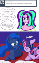Size: 1000x1600 | Tagged: safe, artist:jake heritagu, character:aria blaze, character:princess luna, character:twilight sparkle, character:twilight sparkle (alicorn), species:alicorn, species:pony, species:siren, comic:aria's archives, royal sketchbook, my little pony:equestria girls, book, clothing, comic, grimdark series, questionable series, sneezing